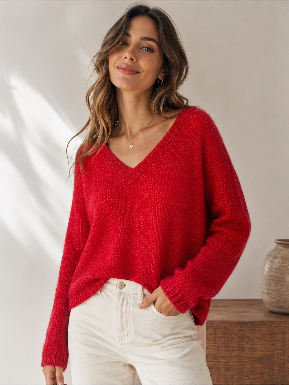 New Luxurious Handknit Alpaca V Neck Cranberry Color Sweater Womens Sz L/XL